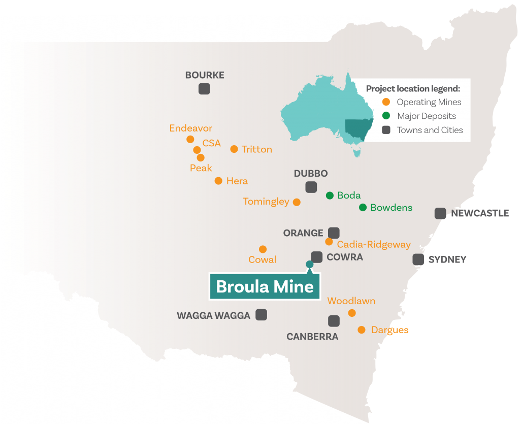 A map of NSW, Australia showing the location of the Broula Magnetite mine in relation to many other mine sites in the area.